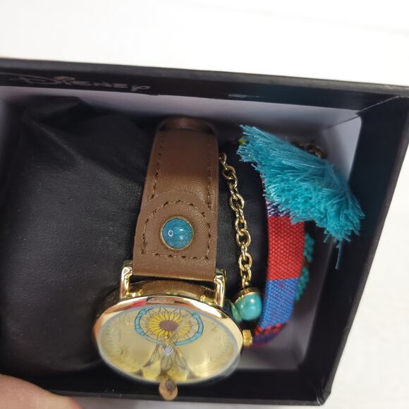 Disney NEW Pocahontas Brown Leather Watch Bracelet Set Beaded Tassel Teal - Picture 5 of 8